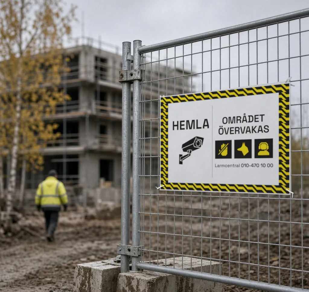 En HEMLA-skylt på ett byggstängsel vid en byggarbetsplats